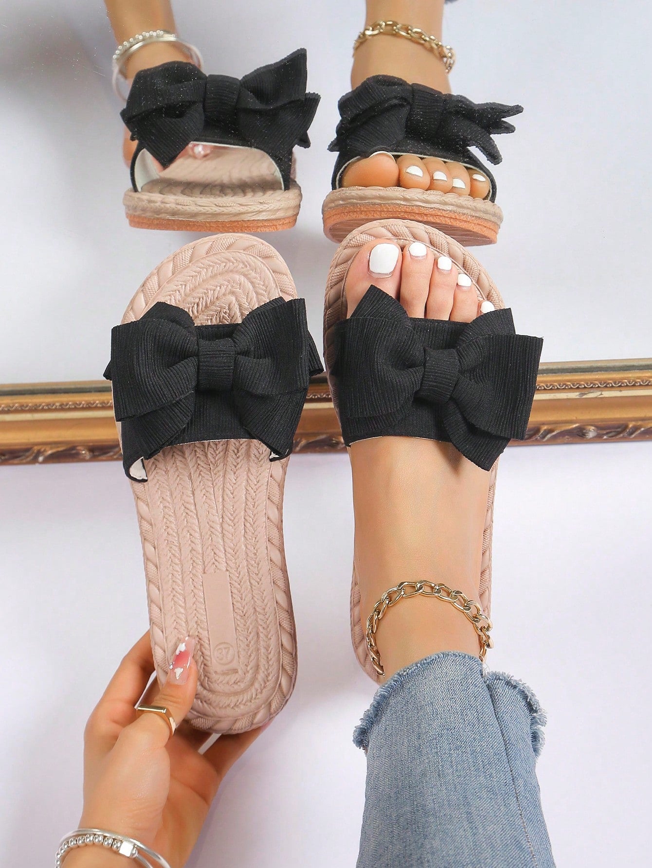 Cute Girl's Bow Striped Elements Pink Slippers, Popular Style For Casual Outing And Beach Time