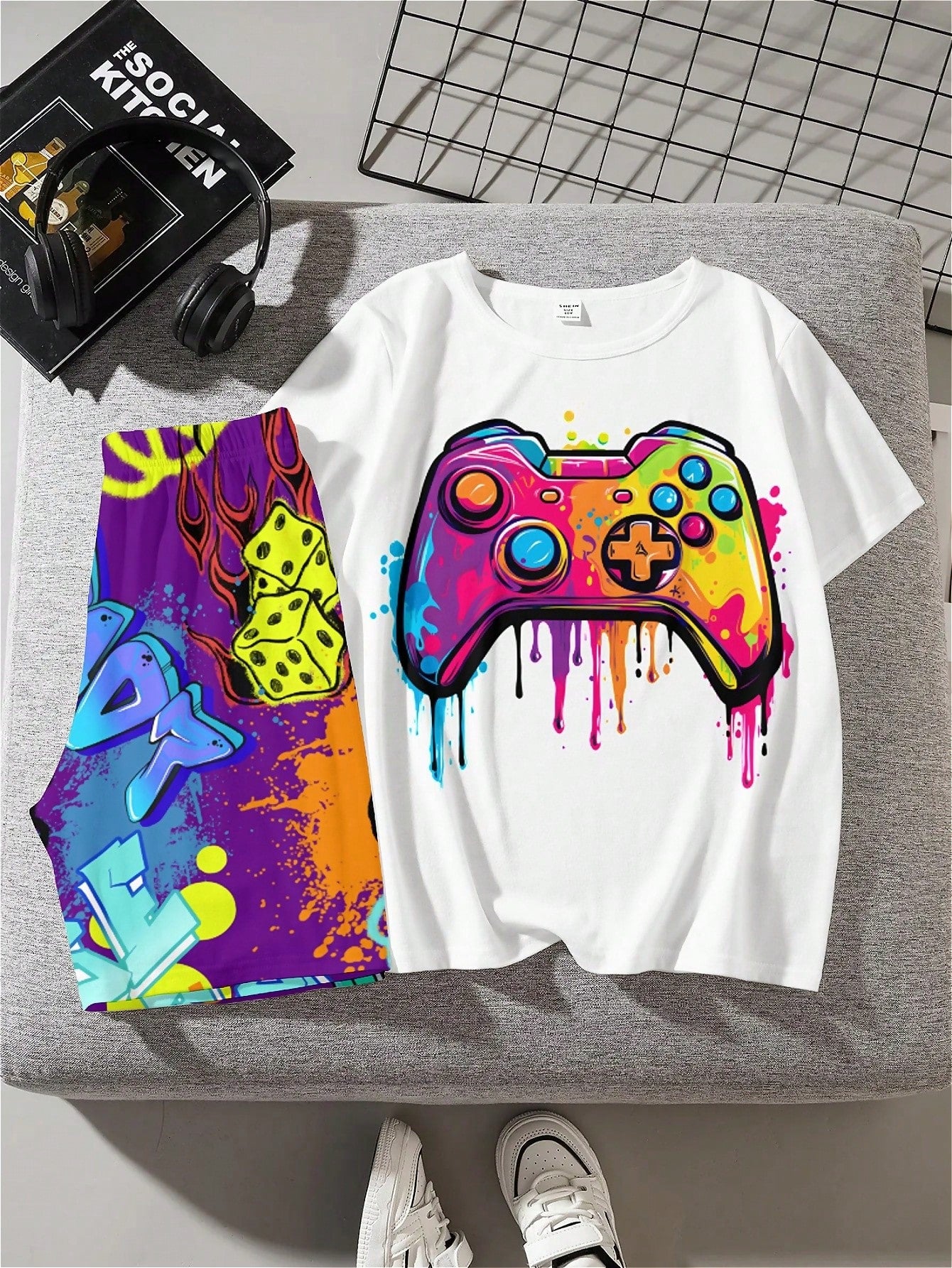 Tween Boy Casual And Simple Gaming Console Patterned Short Sleeve T-Shirt And Shorts Set, Suitable For Summer