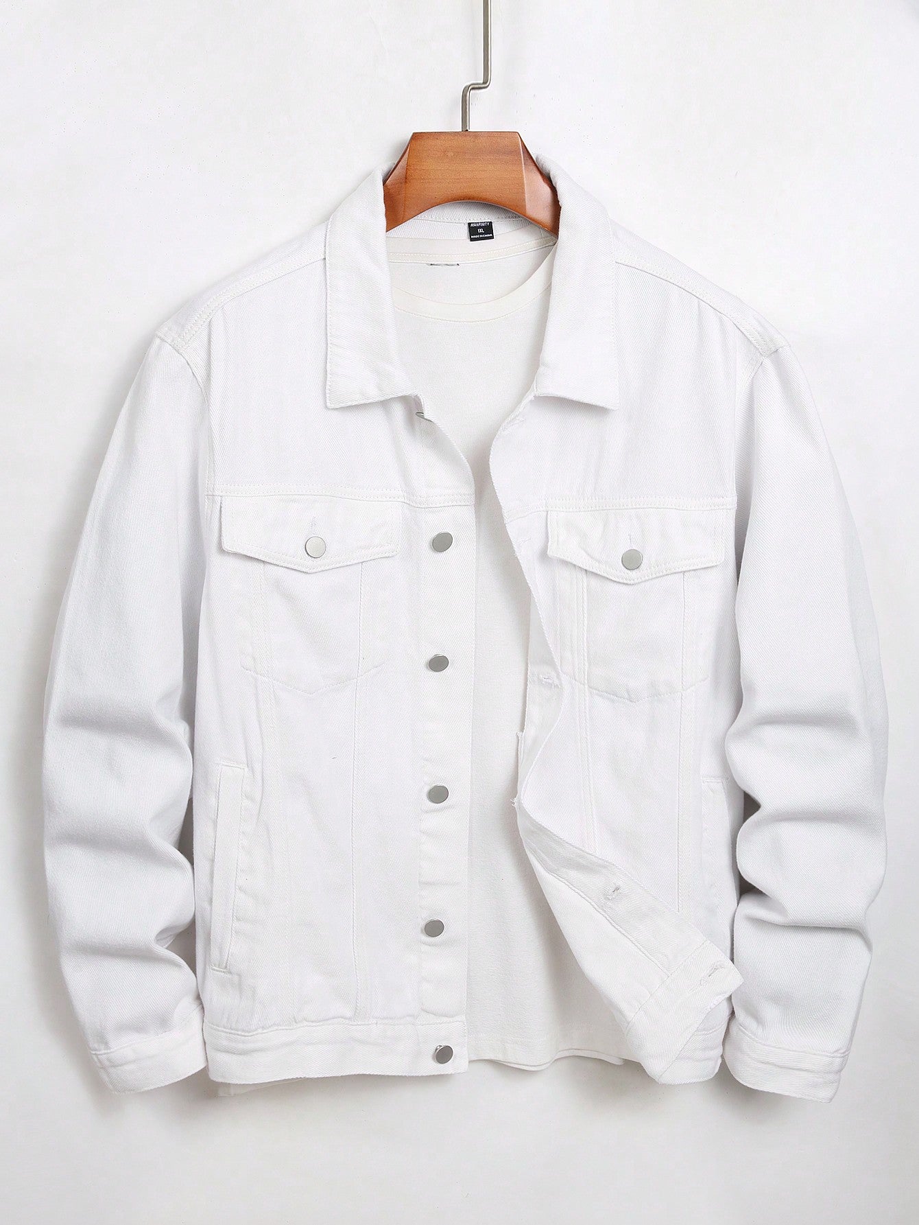 Men Plus Size White Long Sleeve Denim Jacket With Flap Pockets Casual Loose Plain White Going Out Denim Jackets