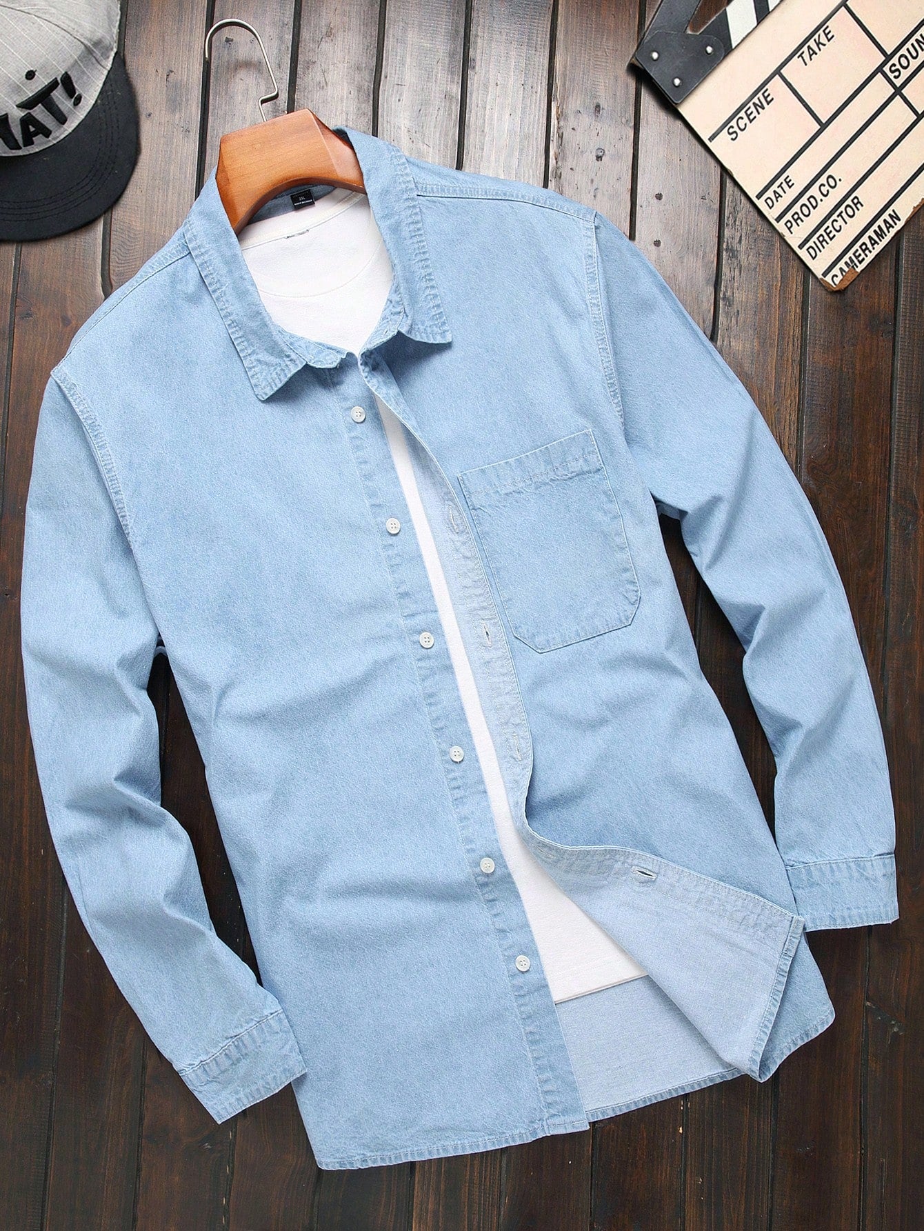 Men Plus Size Denim Shirt With Front Row Buckle And Long Sleeves And Pockets