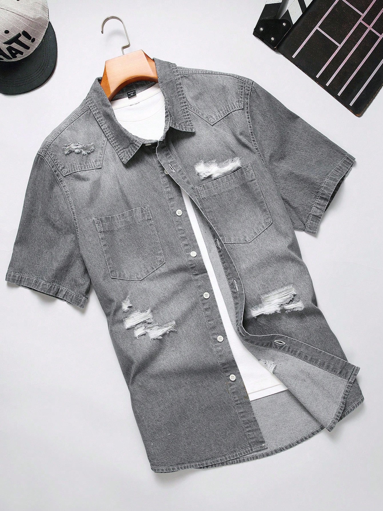 Men Plus Size Spring Summer Casual Washed Ripped Denim Shirt Oversize Button Up Plain Grey Going Out Denim Shirt