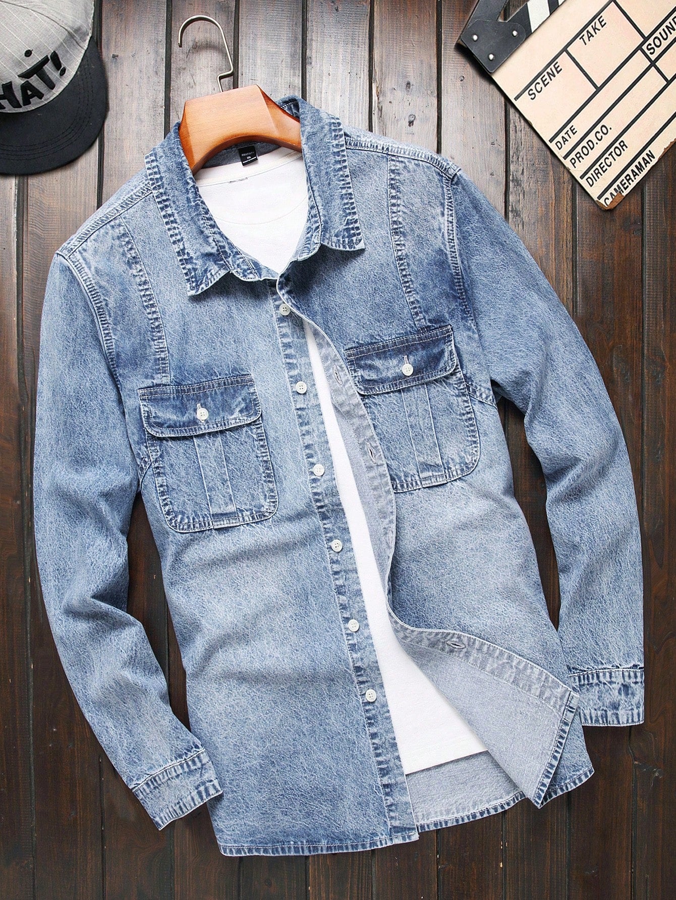 Men Plus Size Spring And Autumn Long Sleeve Cargo Pocket Casual Denim Shirt Button Up  Plain Blue Going Out Denim Shirt