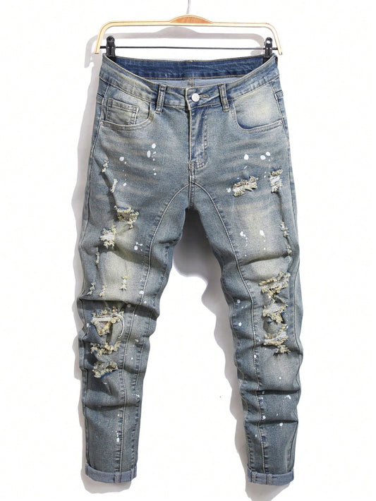 Men Plus Size Ripped Jeans With Pockets And Button Closure