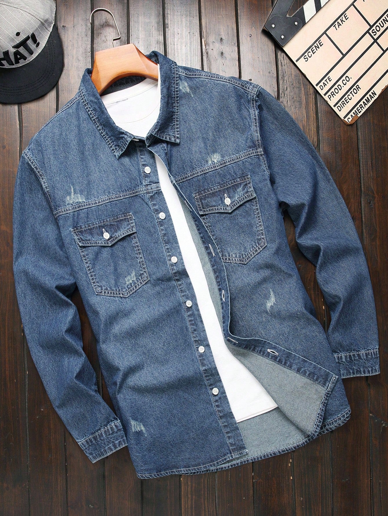 Men Plus Size Spring And Autumn Long-Sleeved Workwear Pocket Casual Denim Shirt