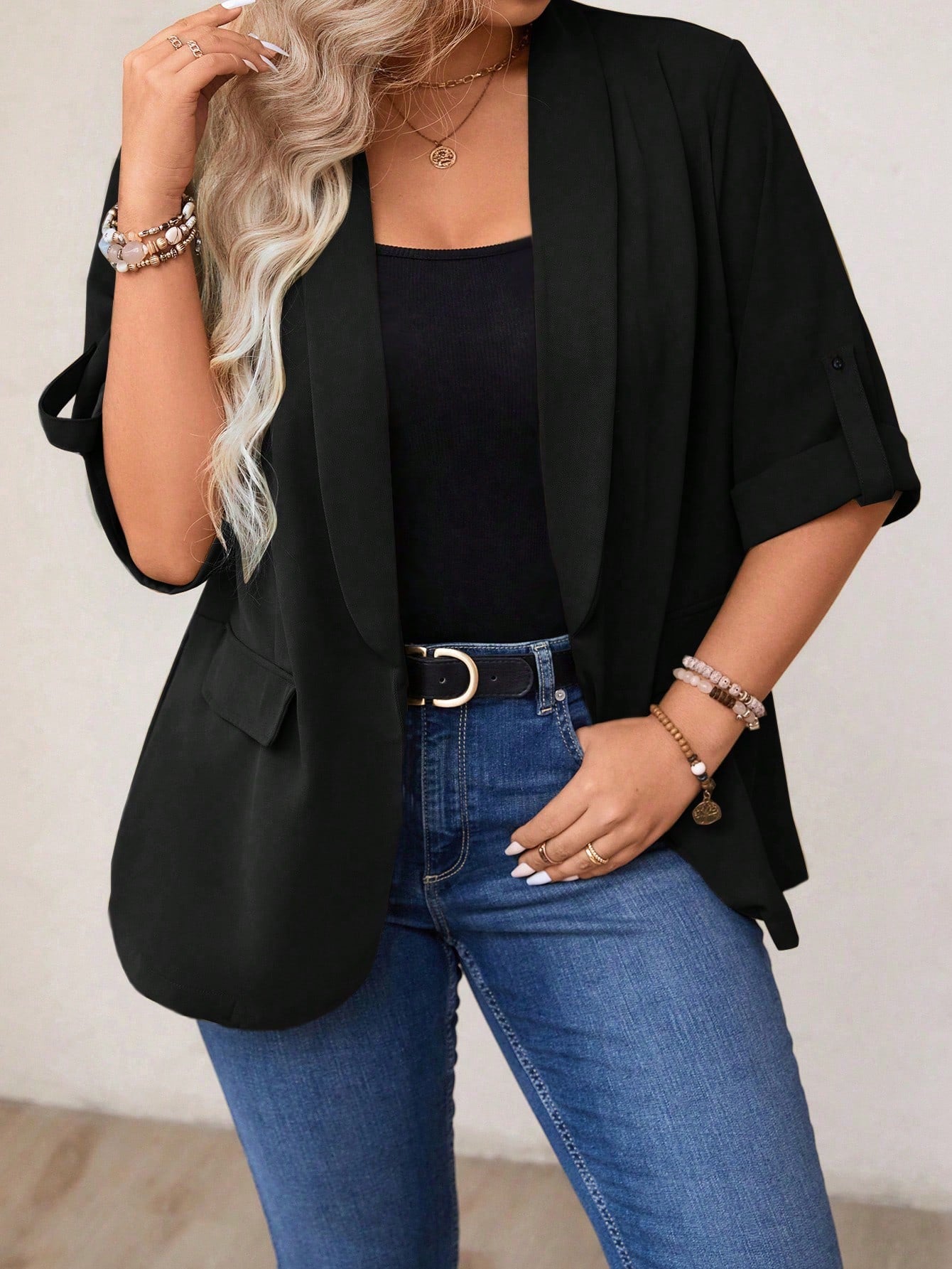 Plus Size Women Fashionable Solid Color Loose Fit Mid-Sleeved Blazer