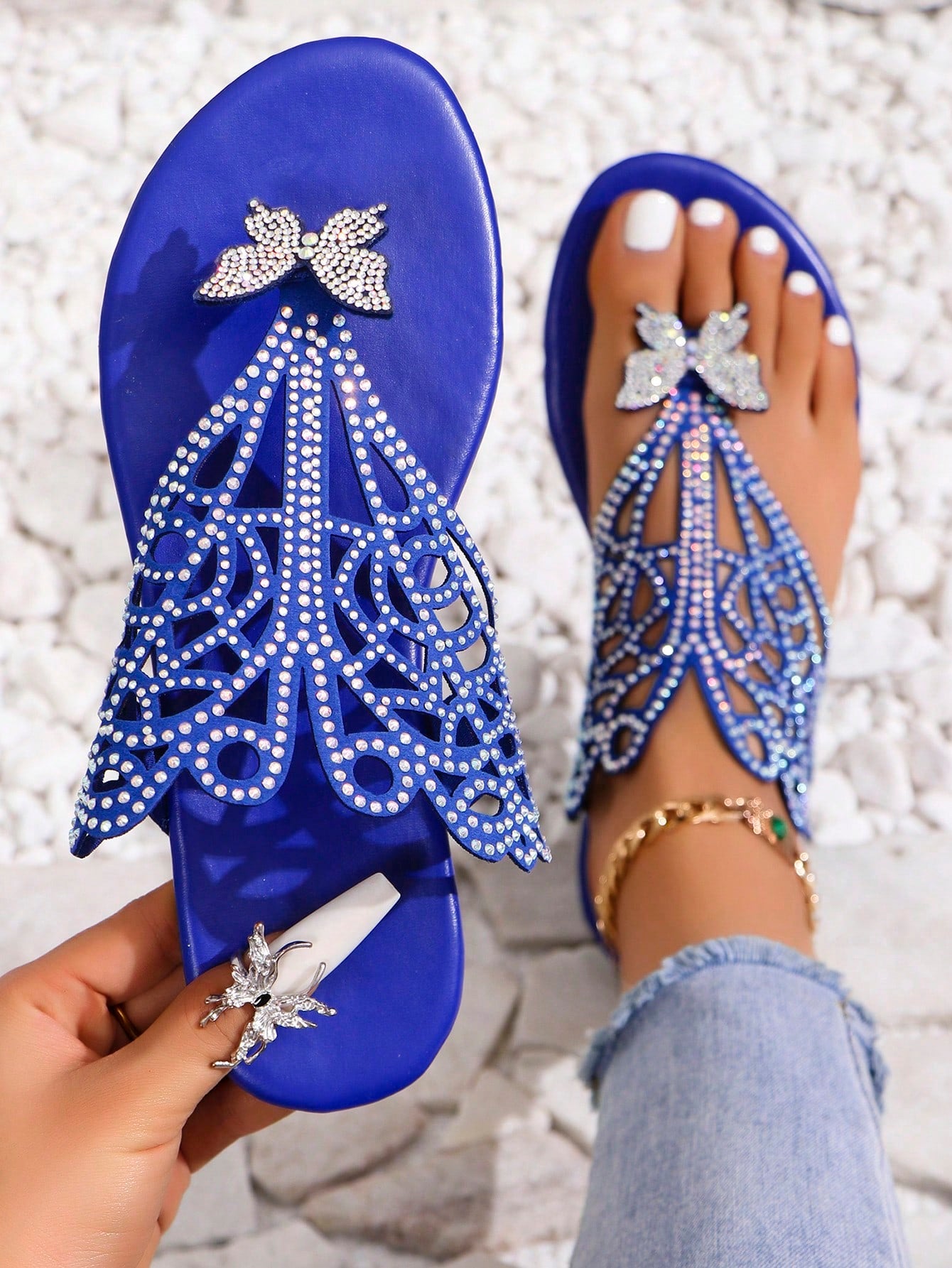 2024 Summer New Arrival Women Genuine Leather Flat Heel Flip Flops Sandals With Rhinestone And Anti-Skid Sole For Outdoor Wear, Available In Large Size