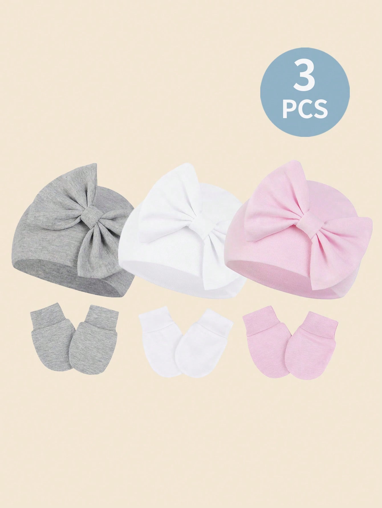 3pcs Hats + Gloves Set With Bow Decoration And Scratch-Resistant Mittens For Newborns