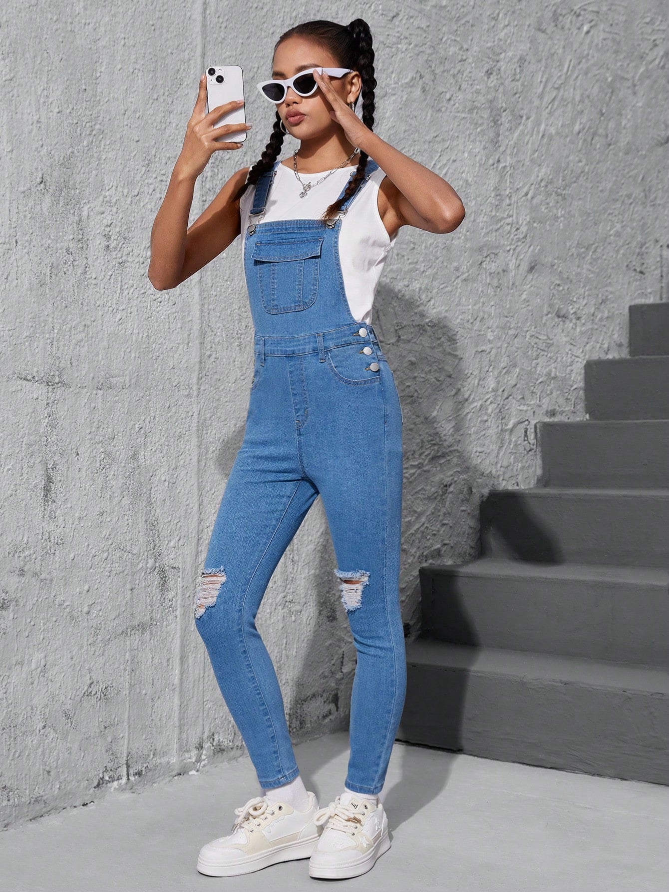 Teen Girls Flap Pocket Ripped Denim Overalls