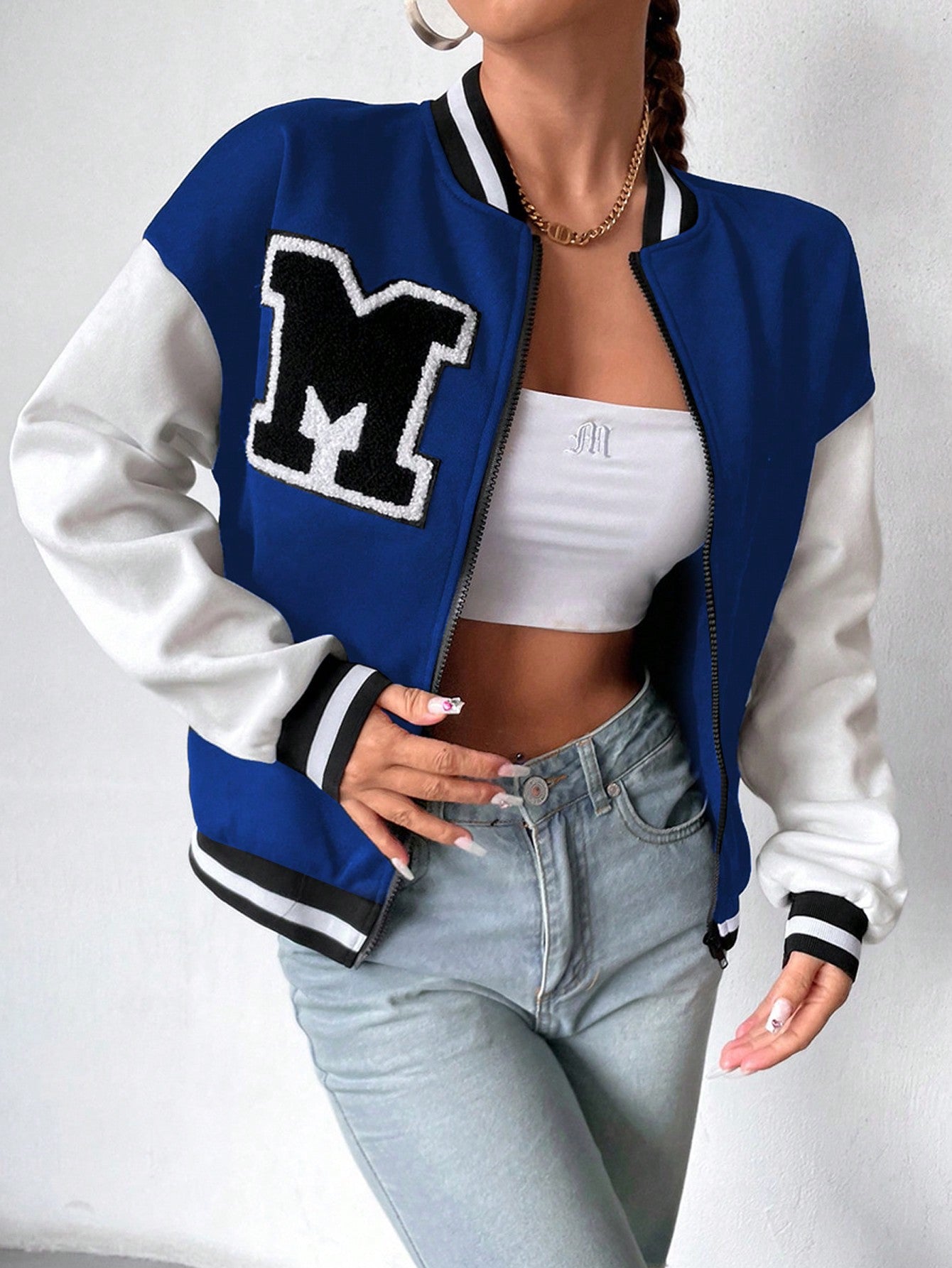 Letter Patched Striped Trim Drop Shoulder Two Tone Varsity Jacket