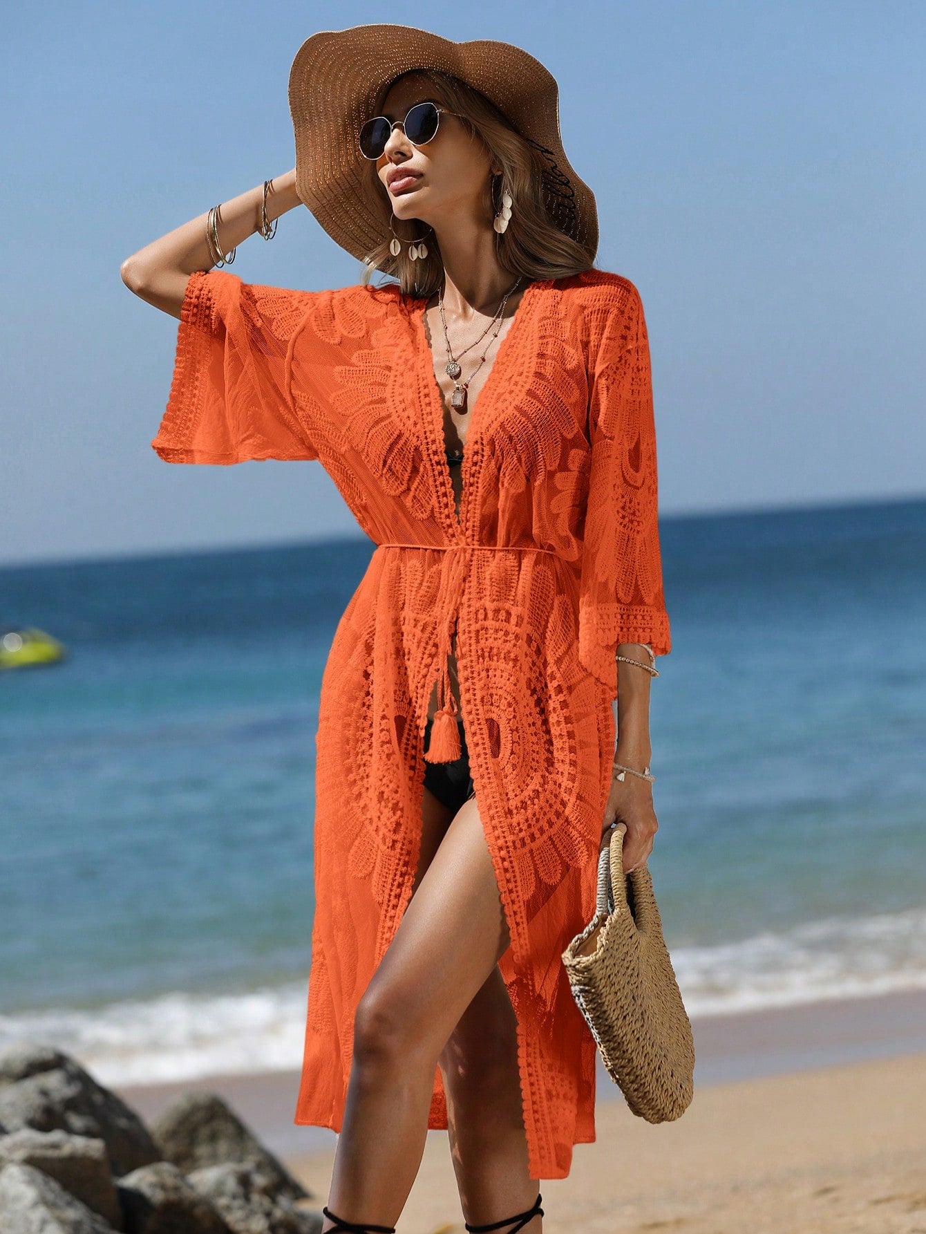 Swim Embroidery Mesh Belted Kimono Without Bikini,Summer Beach