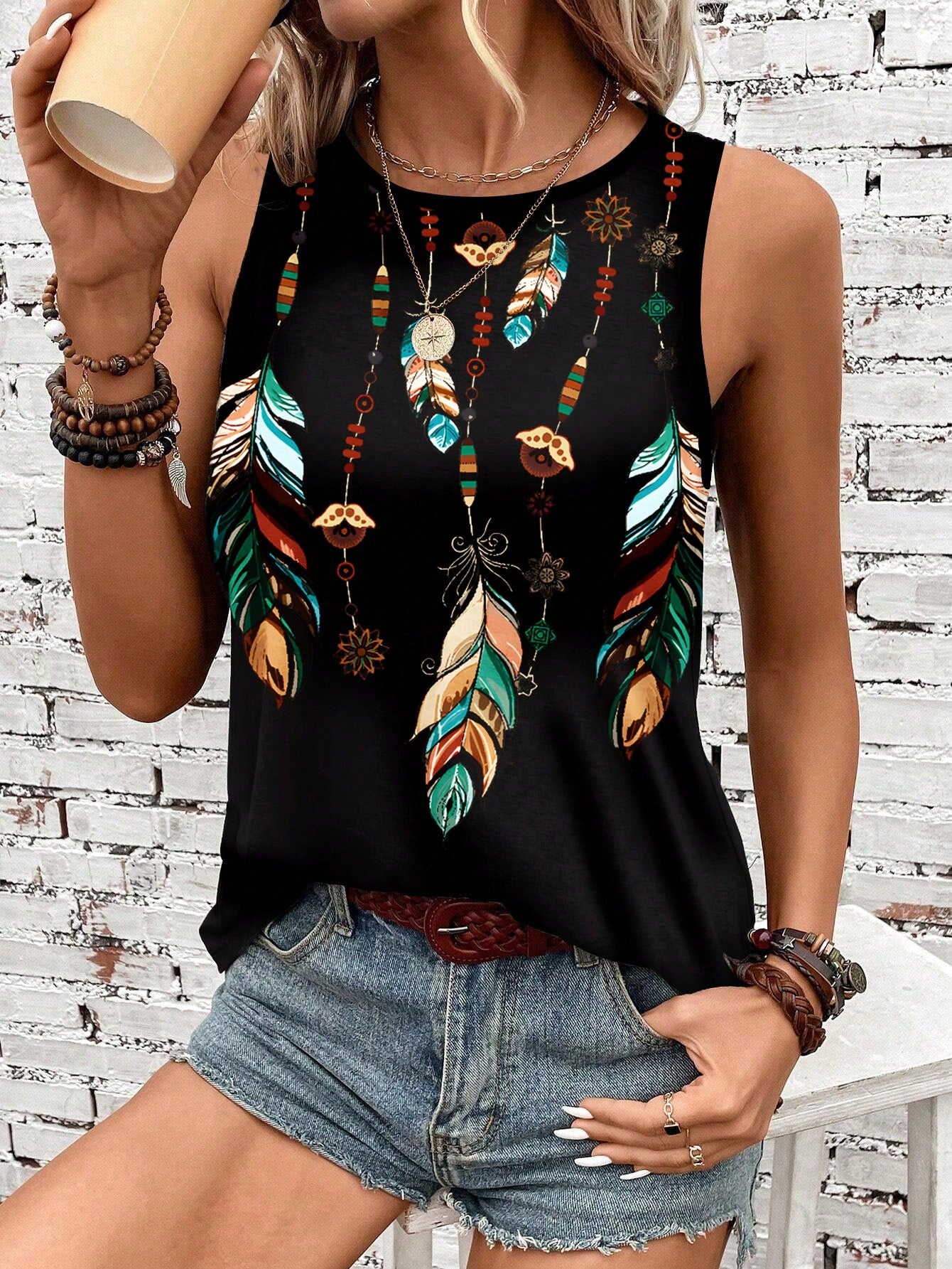 Women's Vacation Casual Feather Printed Jumpsuit