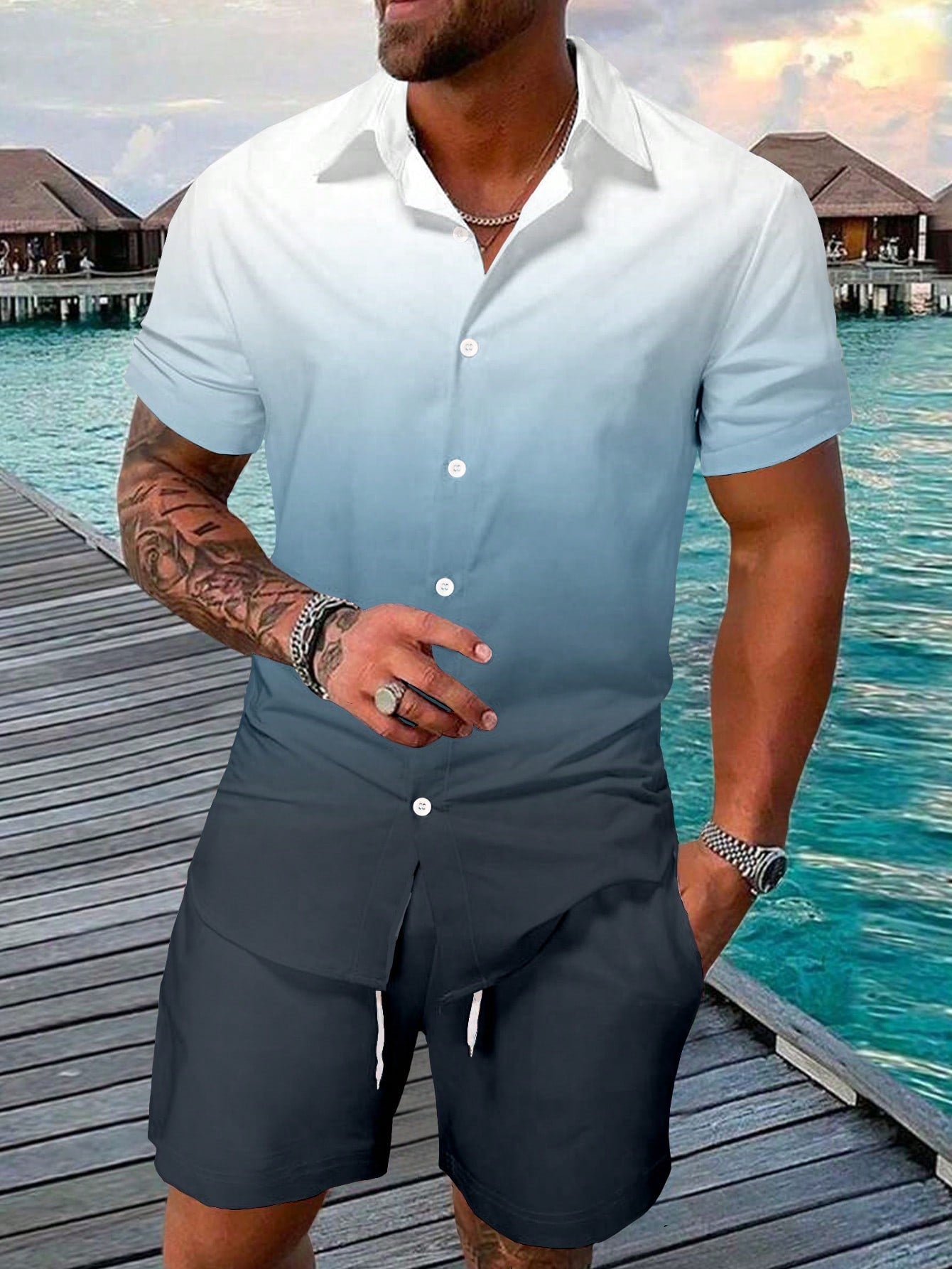 Men Plus Size Gradient Button Front Short Sleeve Shirt And Shorts Set For Summer Casual