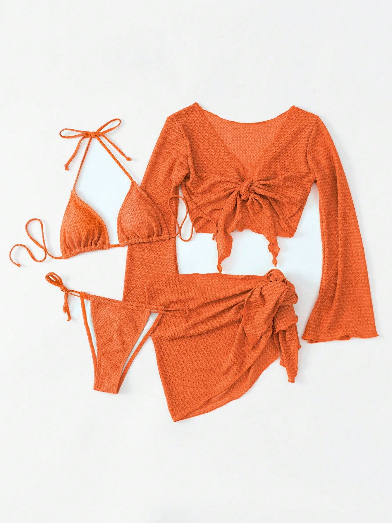 Swim Summer Beach Knot Front Halter Bikini Set With Cover Up Set