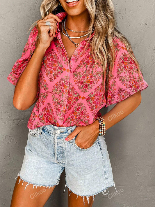 Women's Floral Printed Short Sleeved Shirt