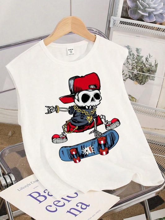 Tween Boy Skateboarding Leisurely Simple Skull & Skateboard Pattern Round Neck Tank Top Suitable For Summer