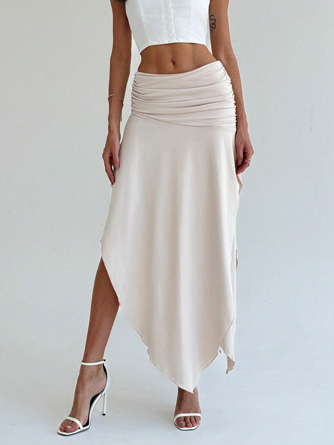 Women's Low Waist Split Hem Pleated Solid Color A-Line Long Skirt, Spring & Summer