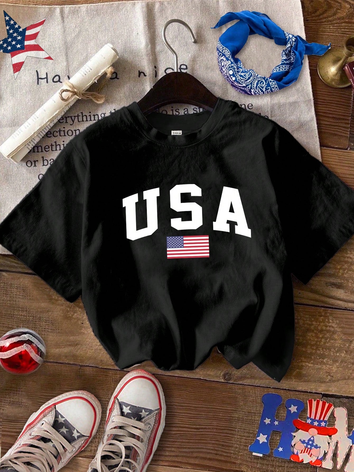 Tween Girl Casual & Minimalist Usa Print Short Sleeve T-Shirt, Perfect For Summer