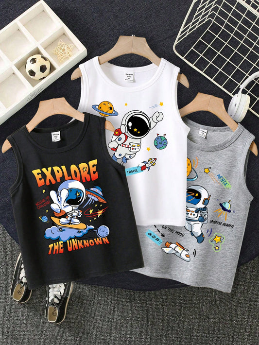 The Great Astronautical Federation, Young Boy Casual Simple Space Pattern Elements Black White Grey Three-Pack Tank Top Suitable For Summer