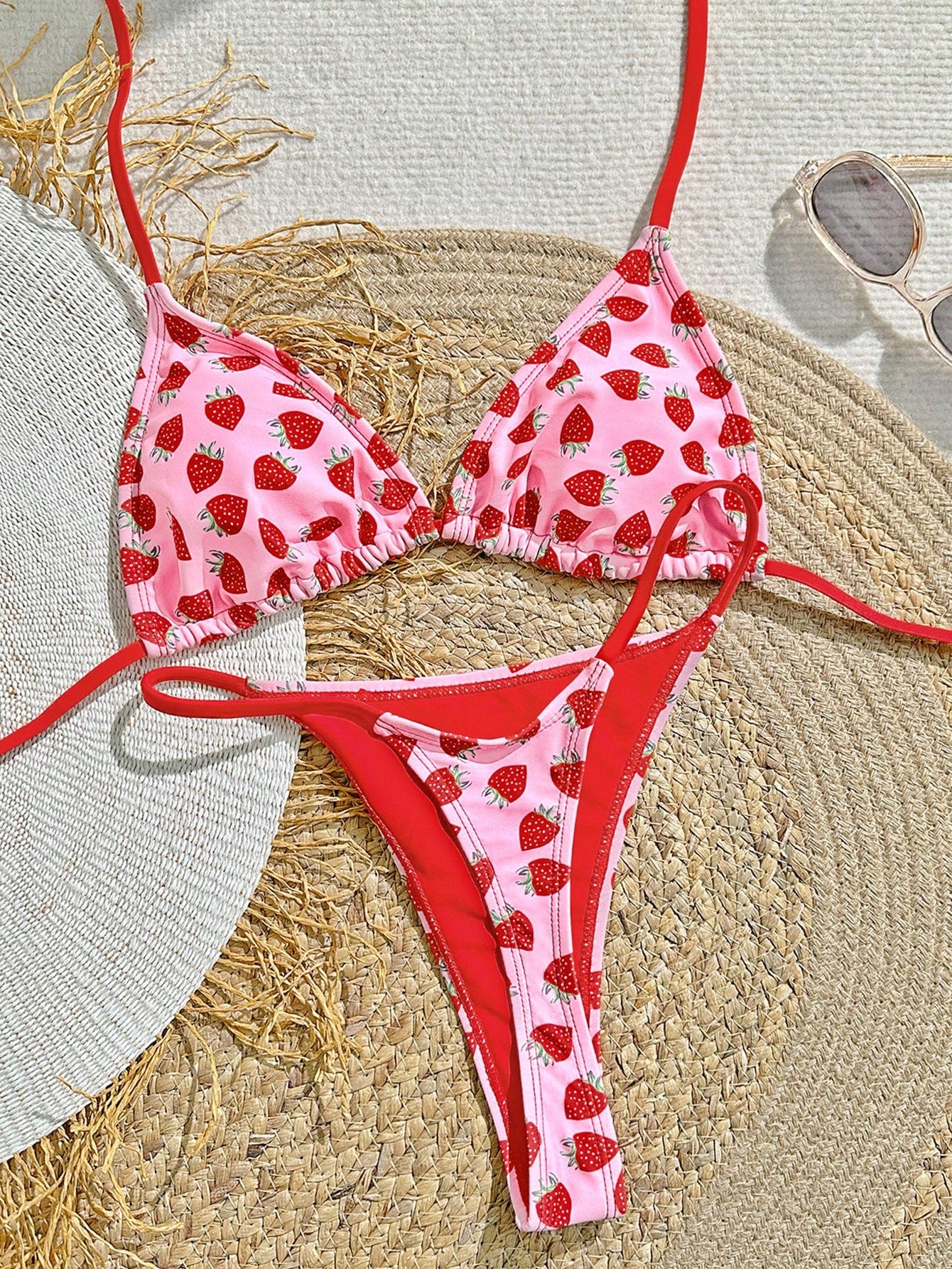 Swim Mod Strawberry Print Vacation Matching Halter Triangle Bralette And Bikini Set, Summer Beach