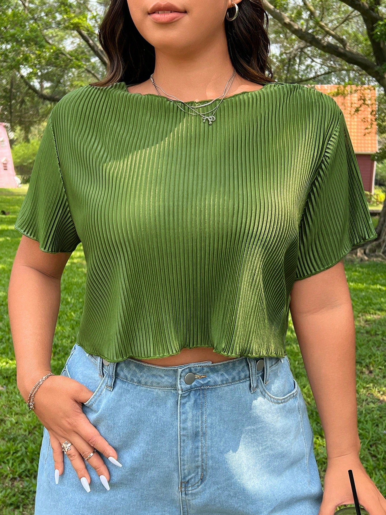 Plus Size Summer Casual Solid Color Pleated Cropped T-Shirt