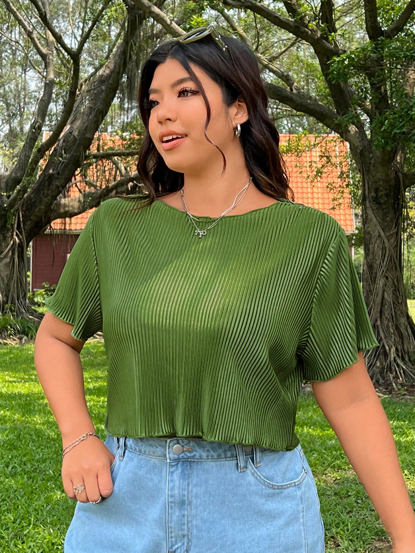 Plus Size Summer Casual Solid Color Pleated Cropped T-Shirt