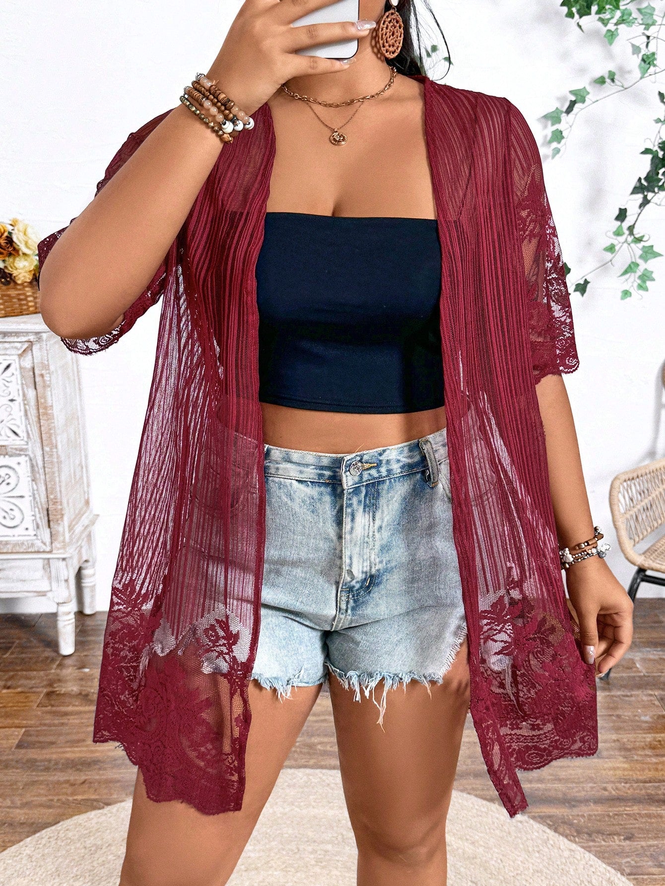 Plus Size Solid Color See-Through Embroidery Holiday Jacket