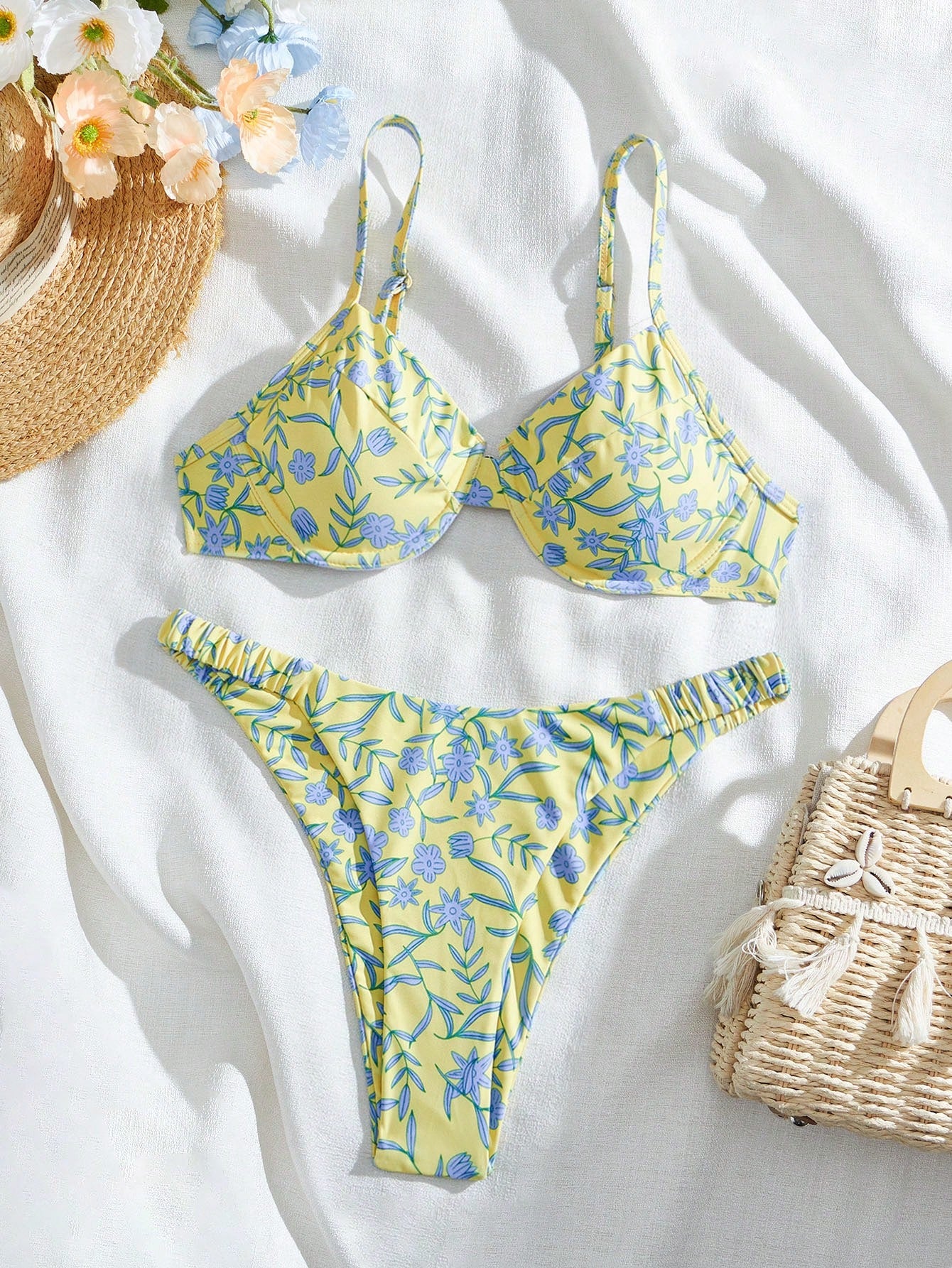 Swim Summer Beach Floral Print V-Neck Halter Bikini Set