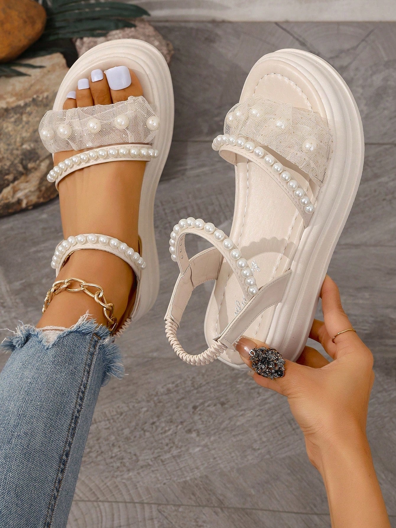 Women's Bohemian Style Rhinestone Woven Platform Sandals, Summer Casual Beach Roman Style Shoes