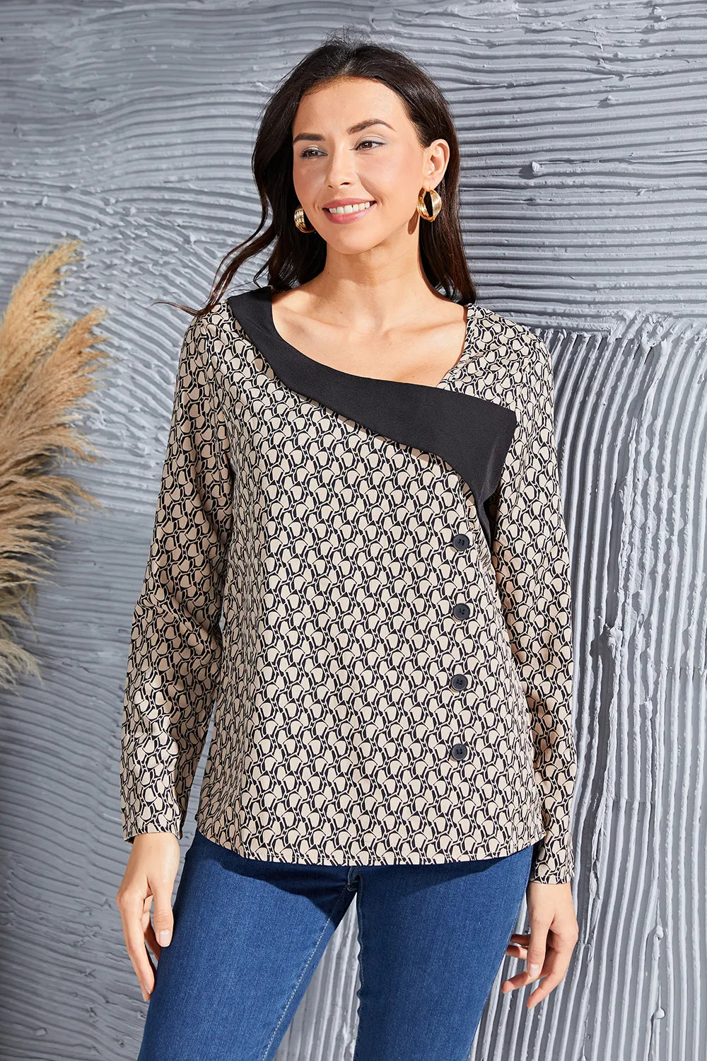 Geometric Asymmetrical Neck Long Sleeve Blouse