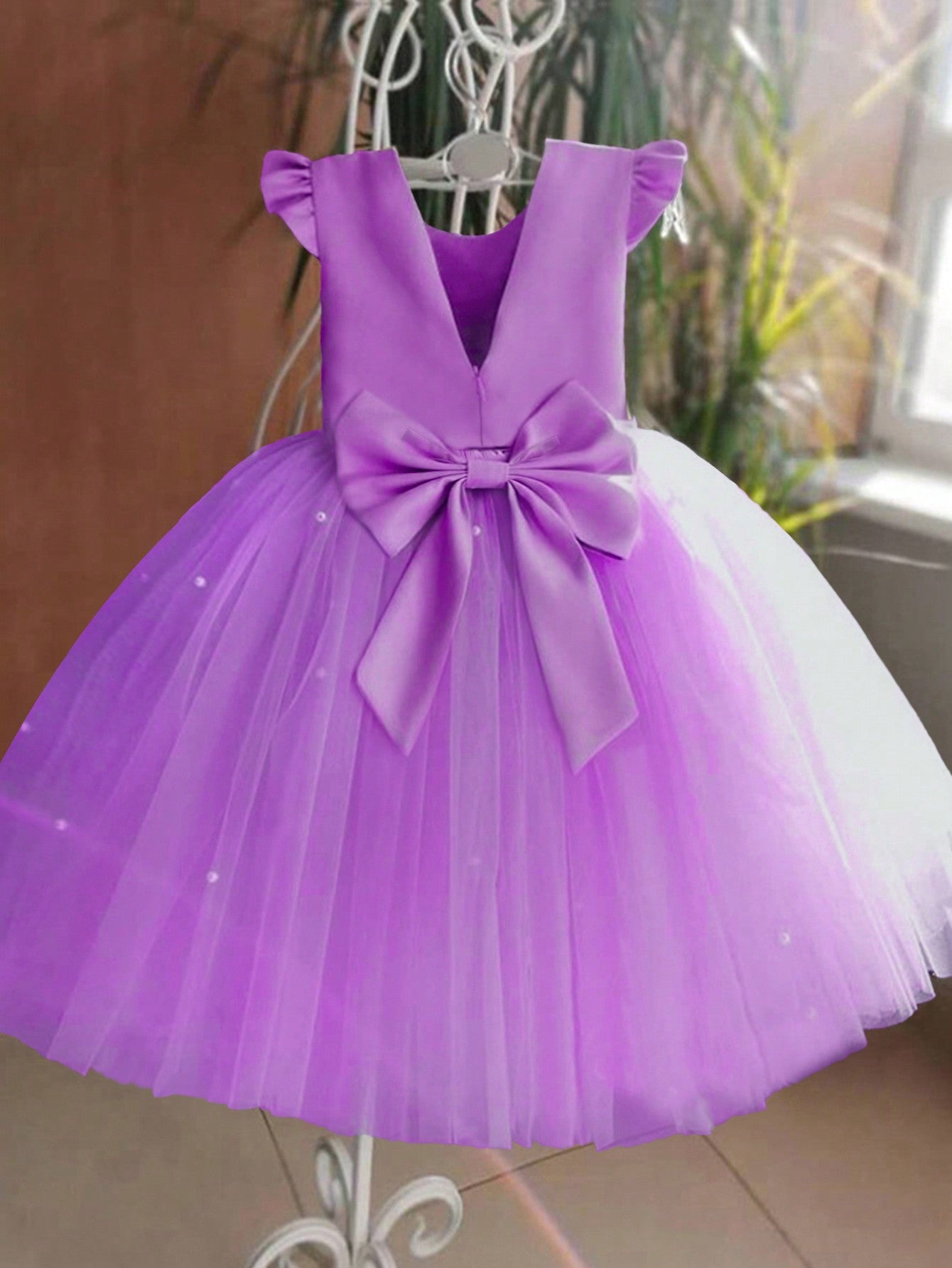 Young Girl Flutter Sleeves Mesh Dress With Tulle, Suitable For Birthday Party, Dancing, Casual Wear, Instrument Performance, Stage, Etc.