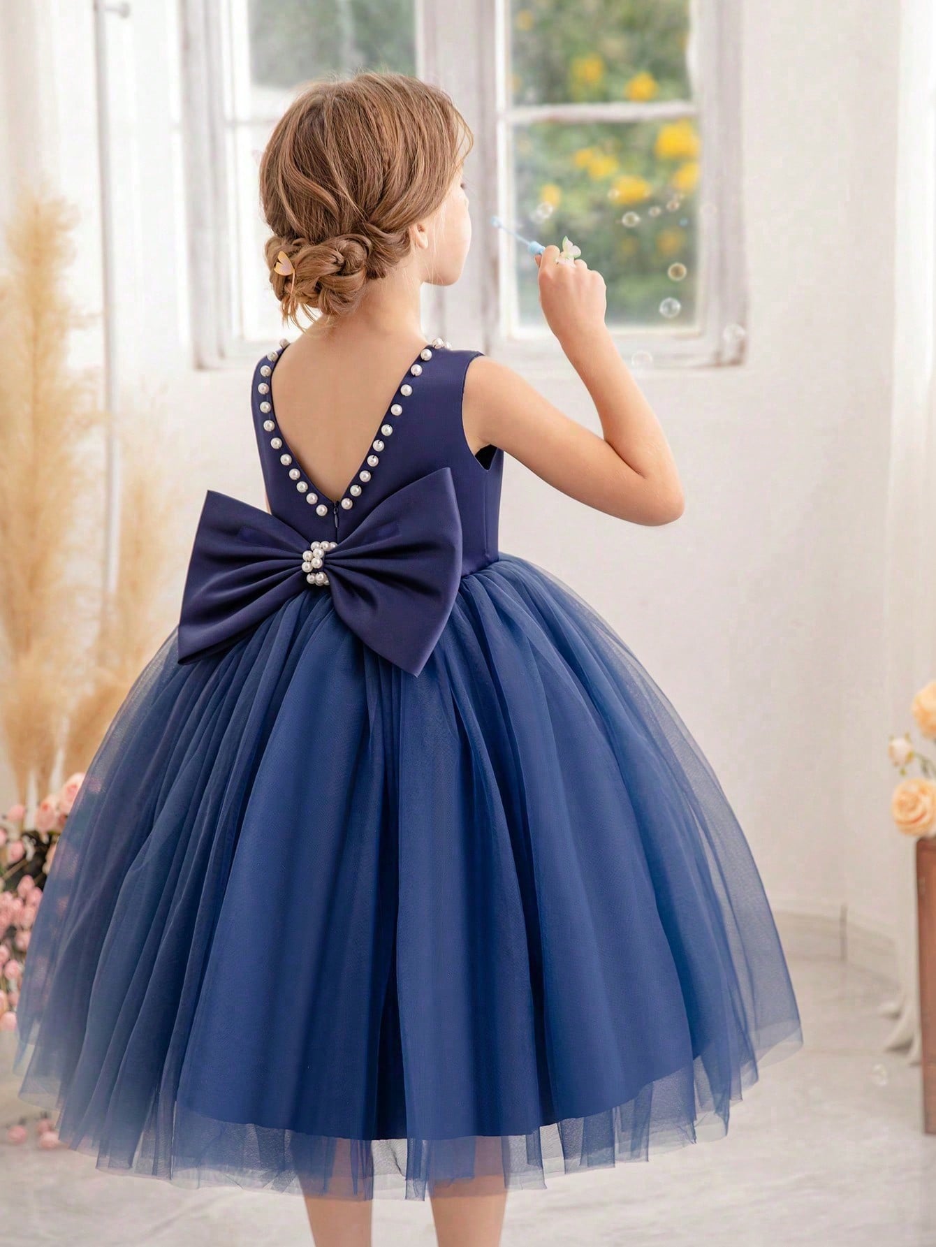 Young Girls Pearl Decorated Bow Tie Deep V Back Princess Dress, Suitable For Birthday Party, Ceremony, Wedding, Flower Girl, Stage Performance