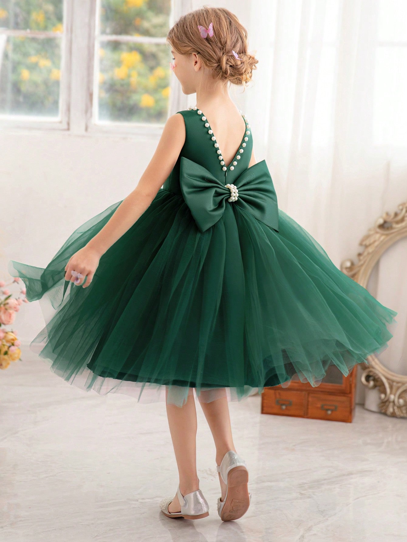 Young Girls' Pearl & Bowknot Design Formal Princess Dress, Perfect For Birthday Parties, Wedding, Dance, Ceremony, Stage Shows And Daily Wear