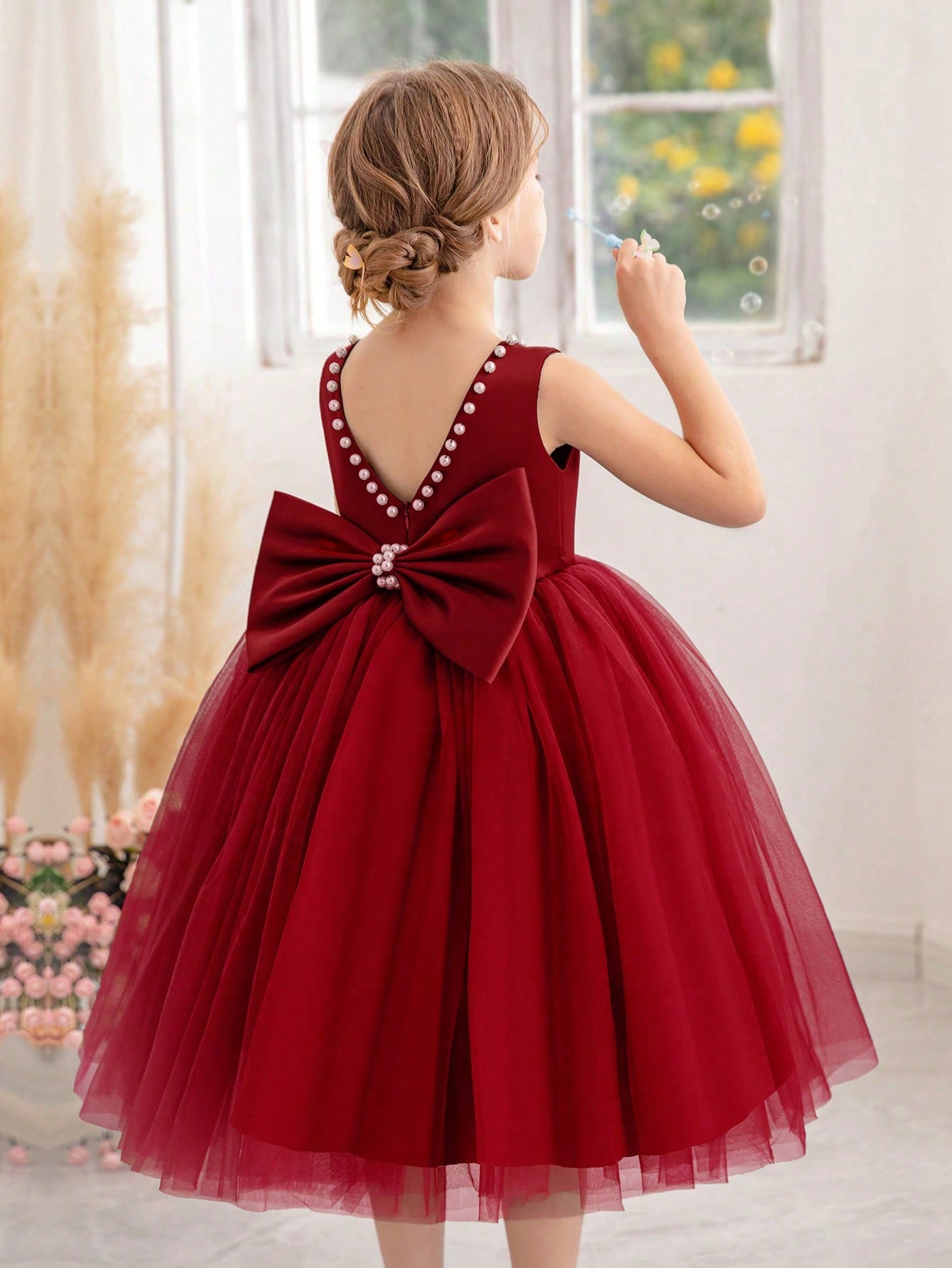 Young Girl Pearl Decor Bowknot Back Mesh Princess Dress, Suitable For Birthday, Party, Dance, Festival, Celebration, Wedding Flower Girl, Stage Show Performance