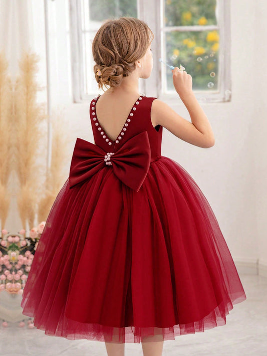 Young Girl Pearl Bowknot Decorated Mesh Patchwork Dress Suitable For Birthday Parties, Dance Parties, Festivals, Daily Wear, Ceremonies, Flower Girls, Weddings And Stage Performances