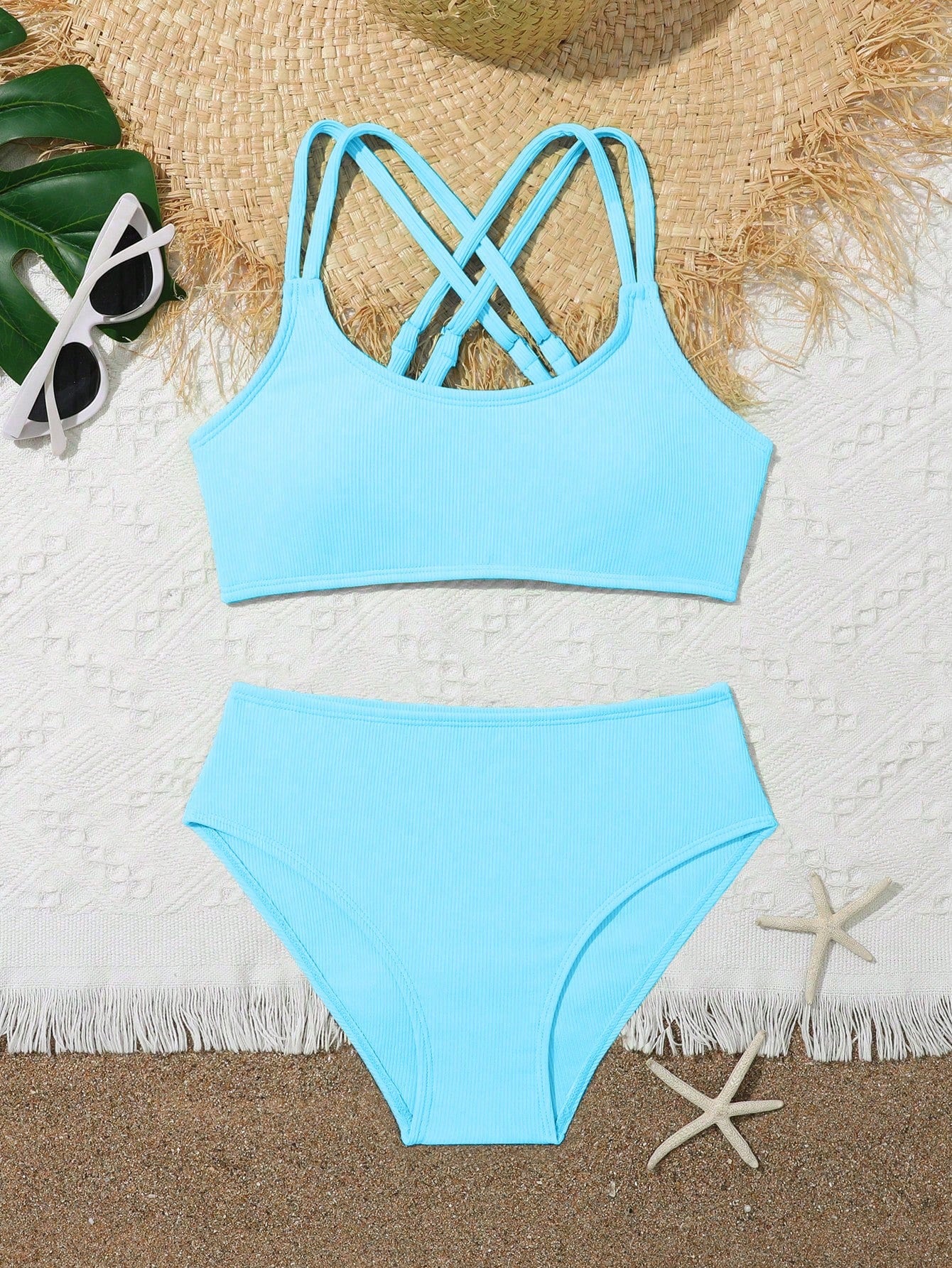 Tween Girl Summer Beach Two-Piece Ribbed Criss-Cross Shoulder Strap Bikini Set Bathing Suit