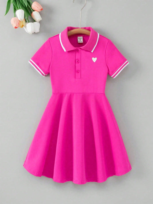 Young Girls Heart Print Polo Collar Dress