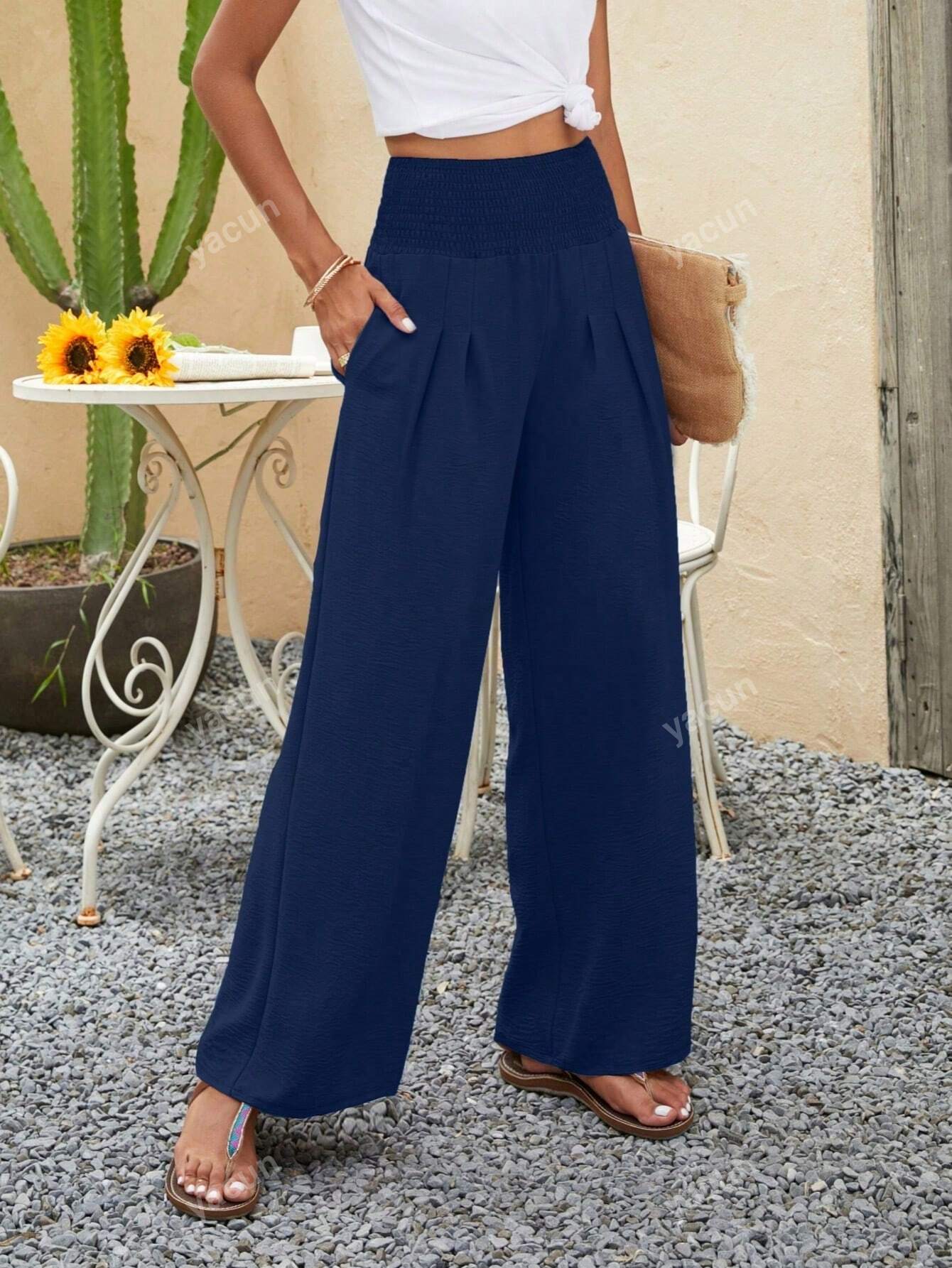 Women Spring And Summer Vacation Casual Solid Color Wide Waist Wide Leg Pants