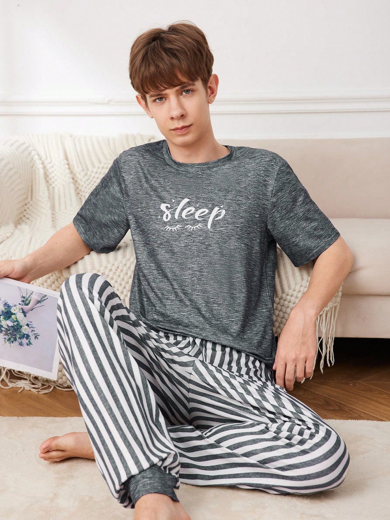 Teen Boy Simple Letter Print Round Neck Short Sleeve Striped Long Pants Knitted Fire-Resistant Home Outfit