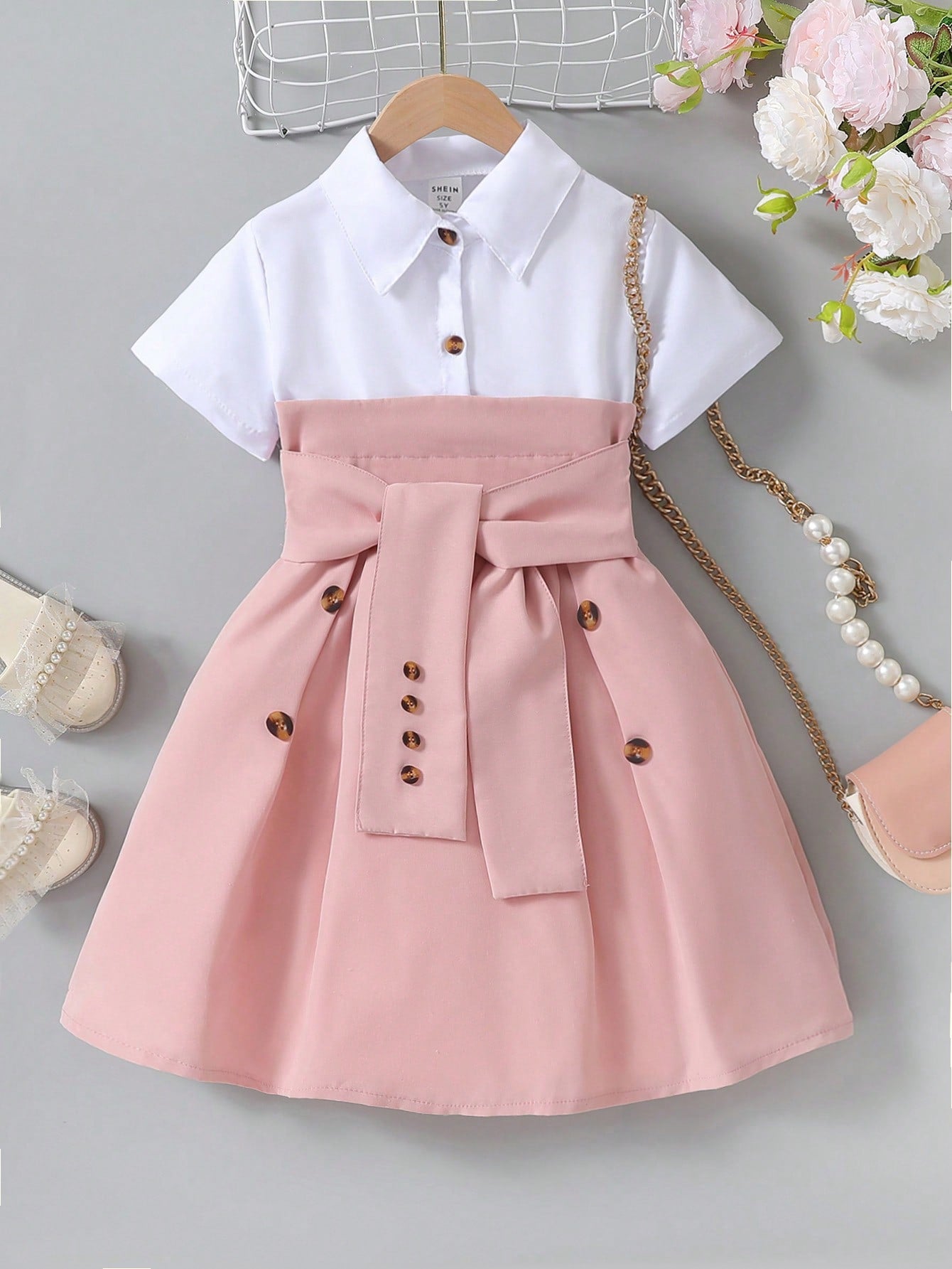 Young Girls' Elegant Shirt Collar Dress With Waist Belt And Design Elements