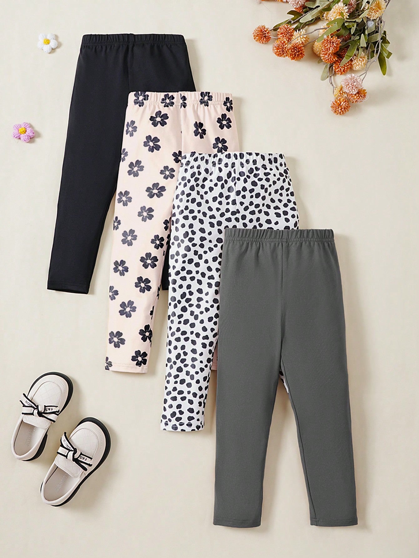 Young Girl Knitted Flower-Patterned Leggings & Solid Color Full Length Leggings Combination Set (4pcs)