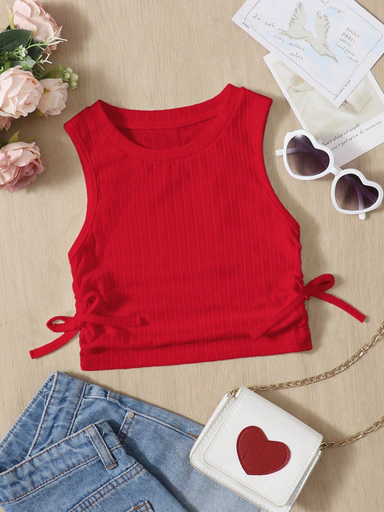 Solid Color Casual Round Neck Tank Top With Pleated Hem And Side Knot Detail For Young Girls