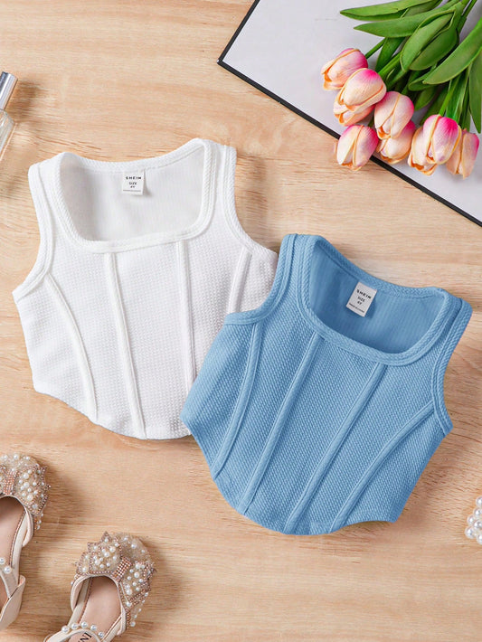 Young Girl Knitted Solid Color Tank Top With Square Collar And Casual Shorts Two-Piece Set