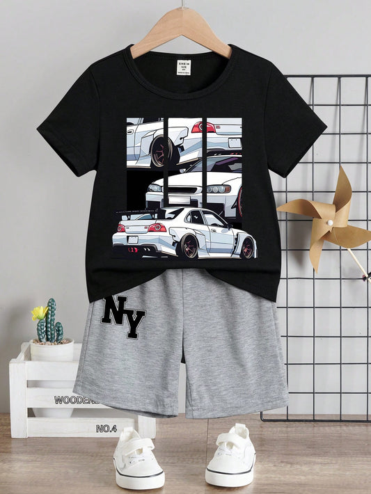 White Car, NY, New York, Young Boys' Casual Simple Car Pattern Short Sleeve And Shorts Set, Suitable For Summer