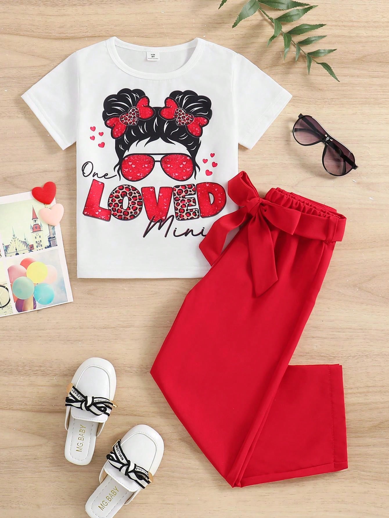 Summer Fashion Cartoon & Letter Printed Round Neck Short Sleeve T-Shirt And Elegant Casual Pants Set For Young Girls