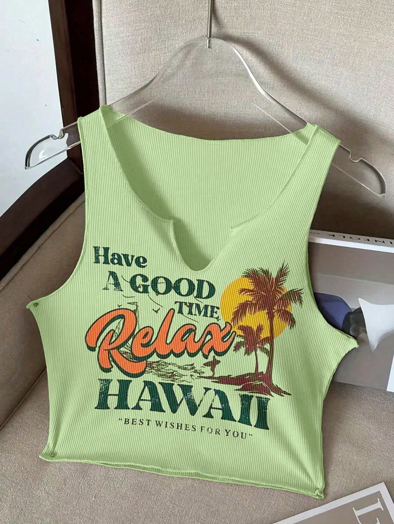 Plus Size Coconut Tree & Slogan Printed Tank Top For Summer