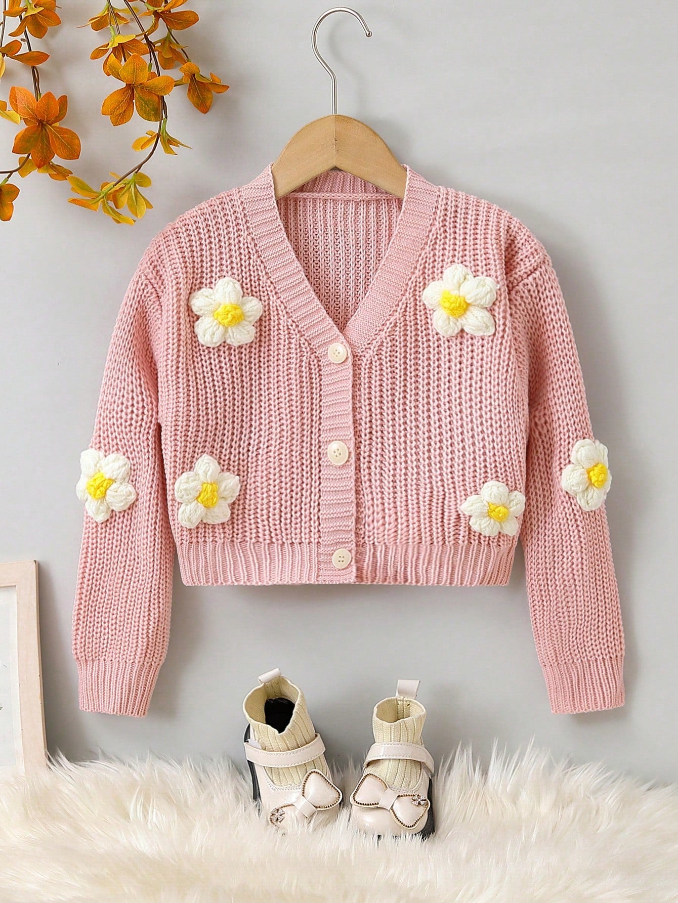 Young Girl 3D Flower Button Up Ribbed Knit Cardigan For Spring And Autumn