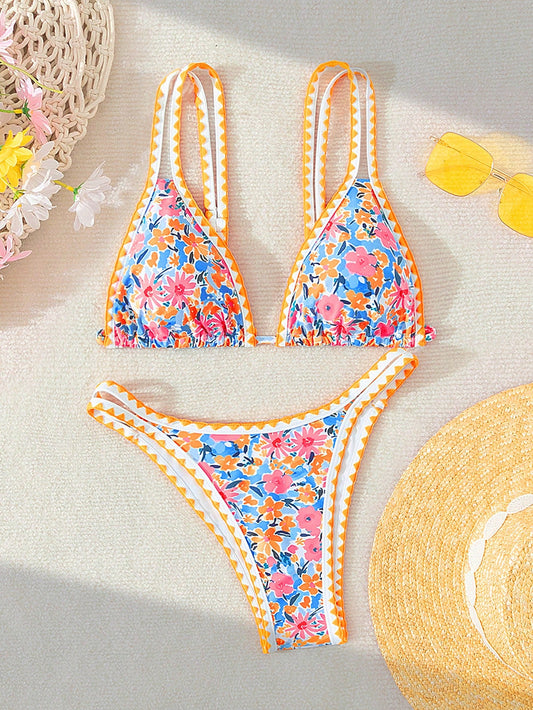 Swim Mod Women's Floral Print Bikini Set, Random Print, Beachwear For Summer,Summer Beach