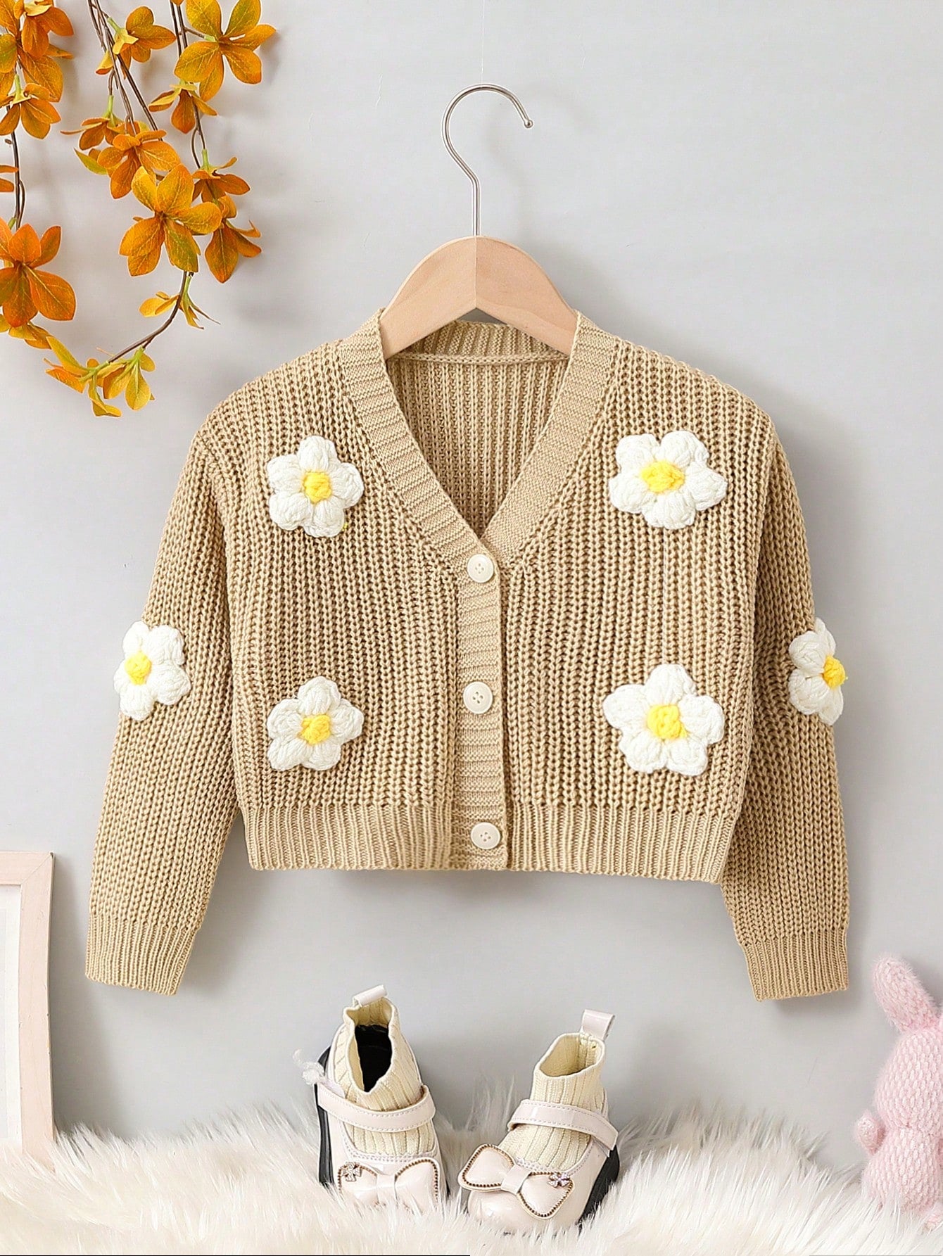 Young Girl 3D Flower Button Up Ribbed Knit Cardigan For Spring And Autumn