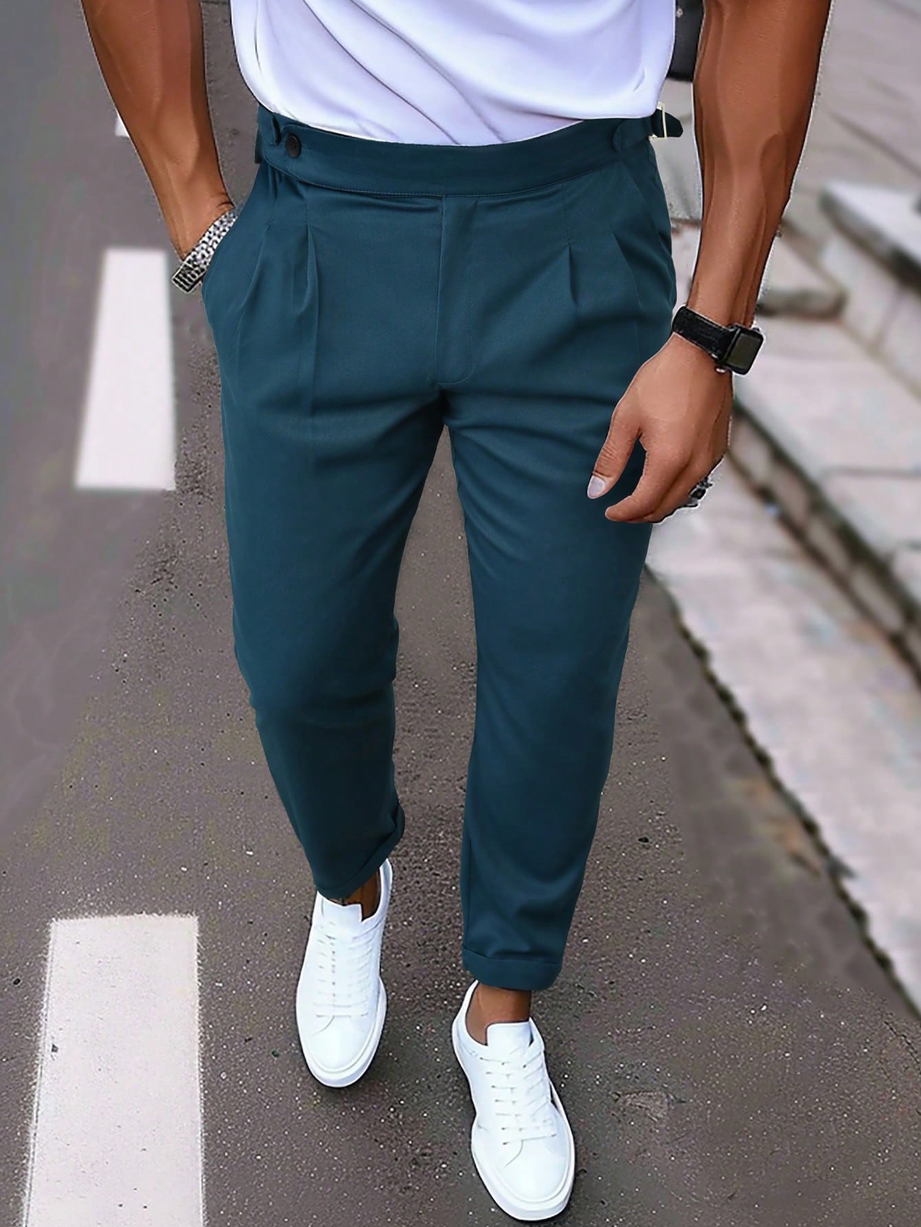 Men Pleated Slanted Pockets Simple Casual Gentleman Trousers