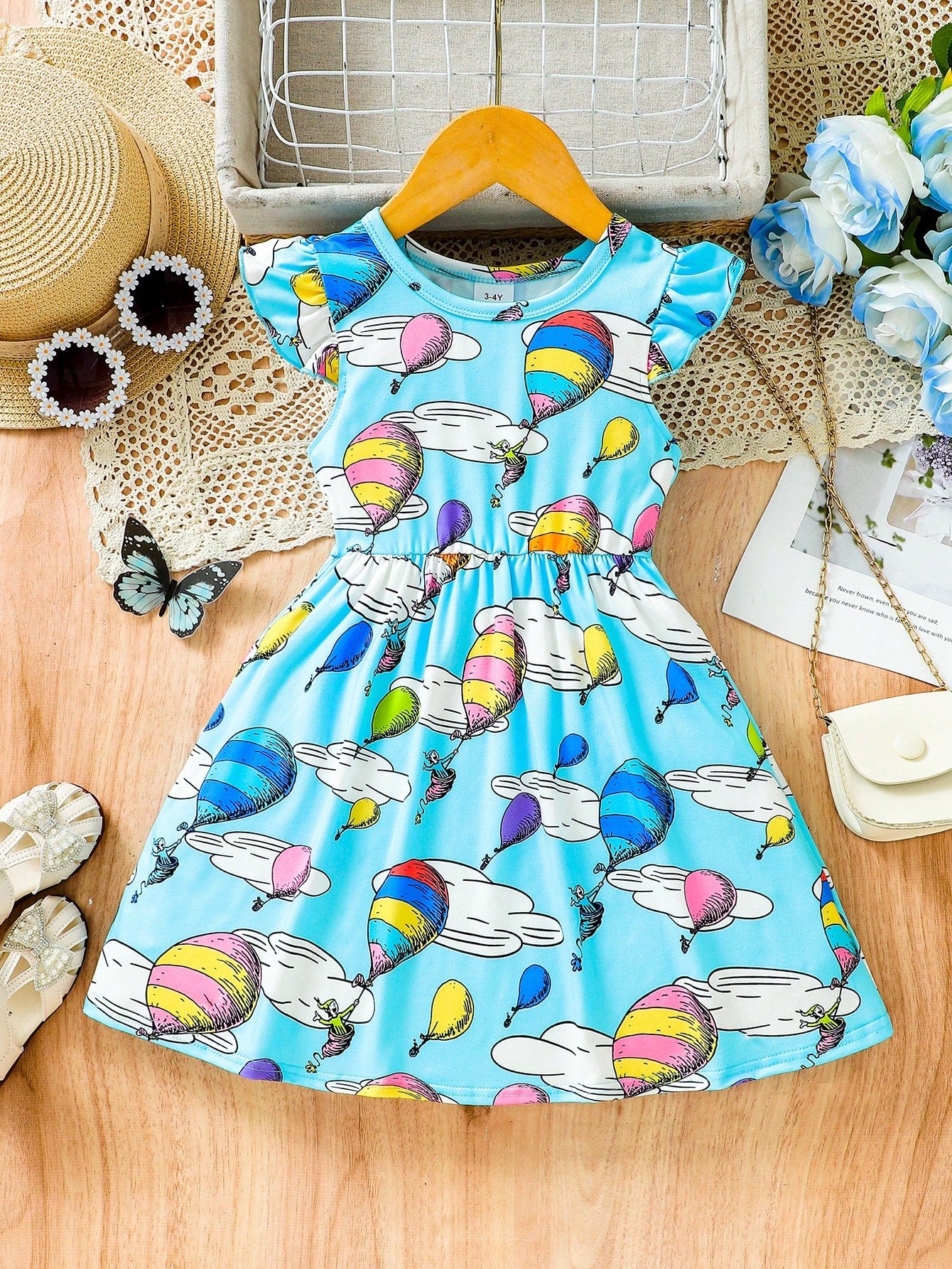 Young Girl Casual Dress With Balloon & Cloud Pattern Prints